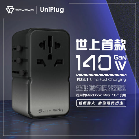 「地上最強」旅行火牛 - Savewo UniPlug 140W PD3.1全球旅行快充插頭 ***另送TripLabb 100W 充數據線1條 (預訂貨品，5月14日送出)