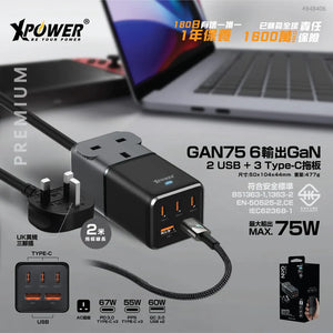 「唔係A5唔係M9 係75W」XPower Socket 拖板牛 – Type-C ＋ USB